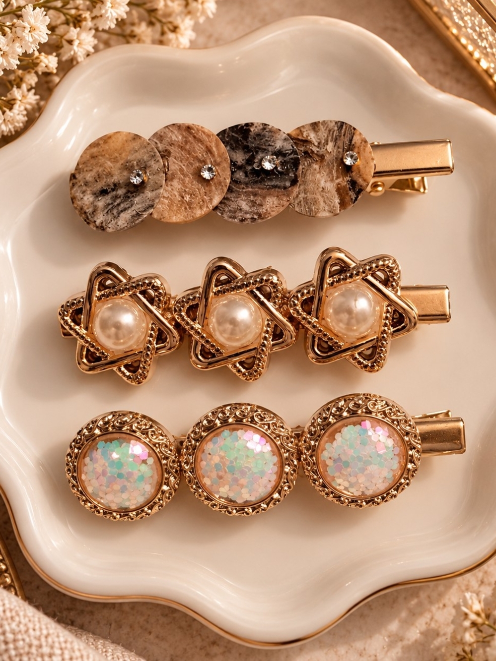 Gold Tone Metal Pearl-Shell & Iridescent Tile Hair Clip Set - New